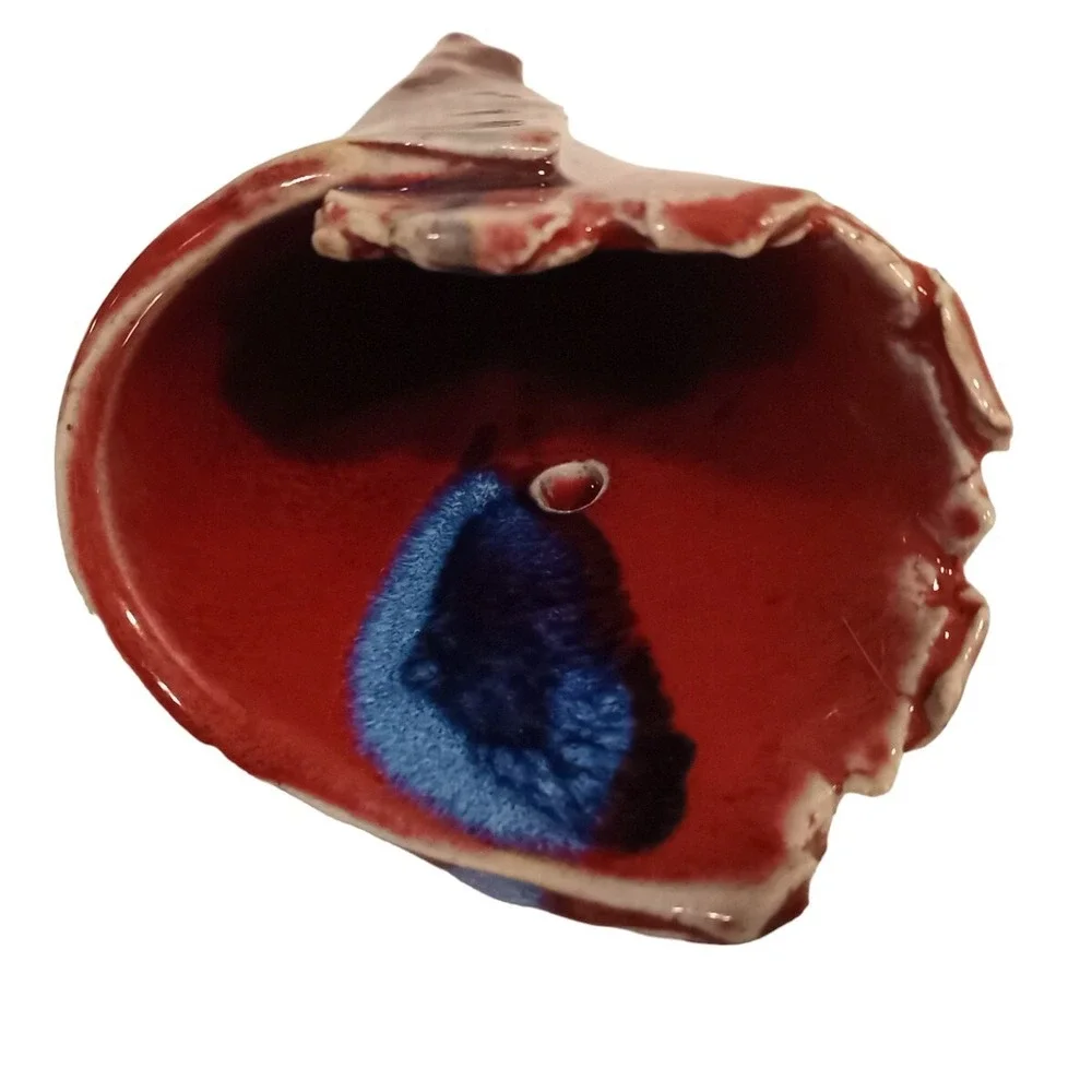 Vtg Handmade Waffle Cone Style Stoneware Pocket Flower Vase Boho Red Blue 8.5